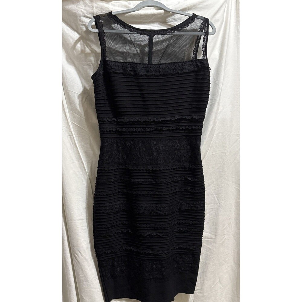 Tadashi Shoji Women’s XL Black Pintuck Lace Illusion Midi Cocktail Dress